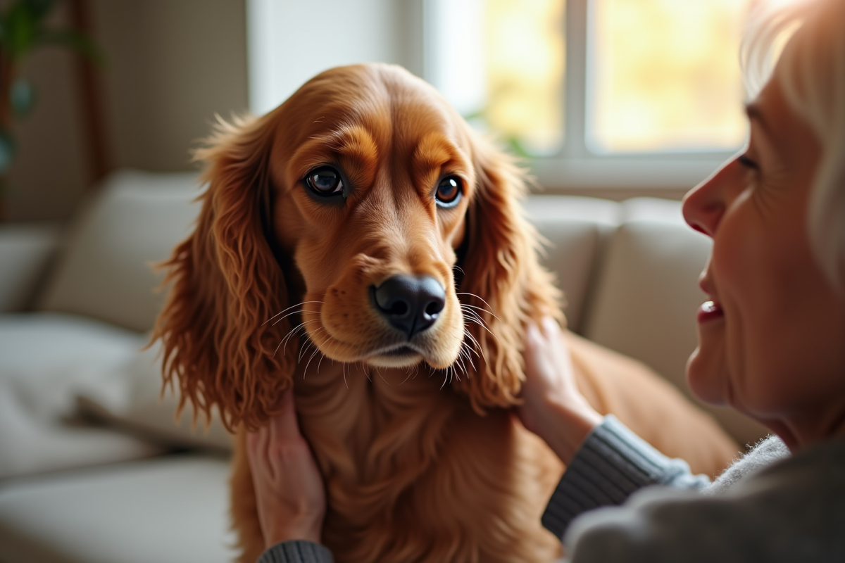 Cocker spaniel américain caressé par une personne âgée dans un salon lumineux