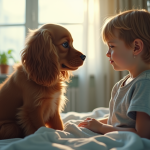 Cocker spaniel américain avec un enfant dans une chambre d'hôpital