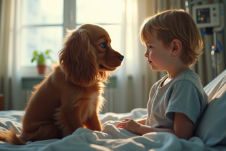 Cocker spaniel américain avec un enfant dans une chambre d'hôpital