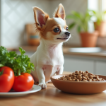 Chihuahua sain avec légumes et croquettes sur comptoir