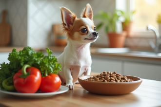Chihuahua sain avec légumes et croquettes sur comptoir