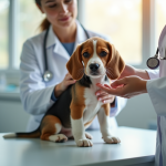 Chiot beagle examiné par une vétérinaire dans une clinique lumineuse