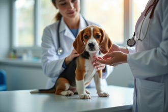 Chiot beagle examiné par une vétérinaire dans une clinique lumineuse