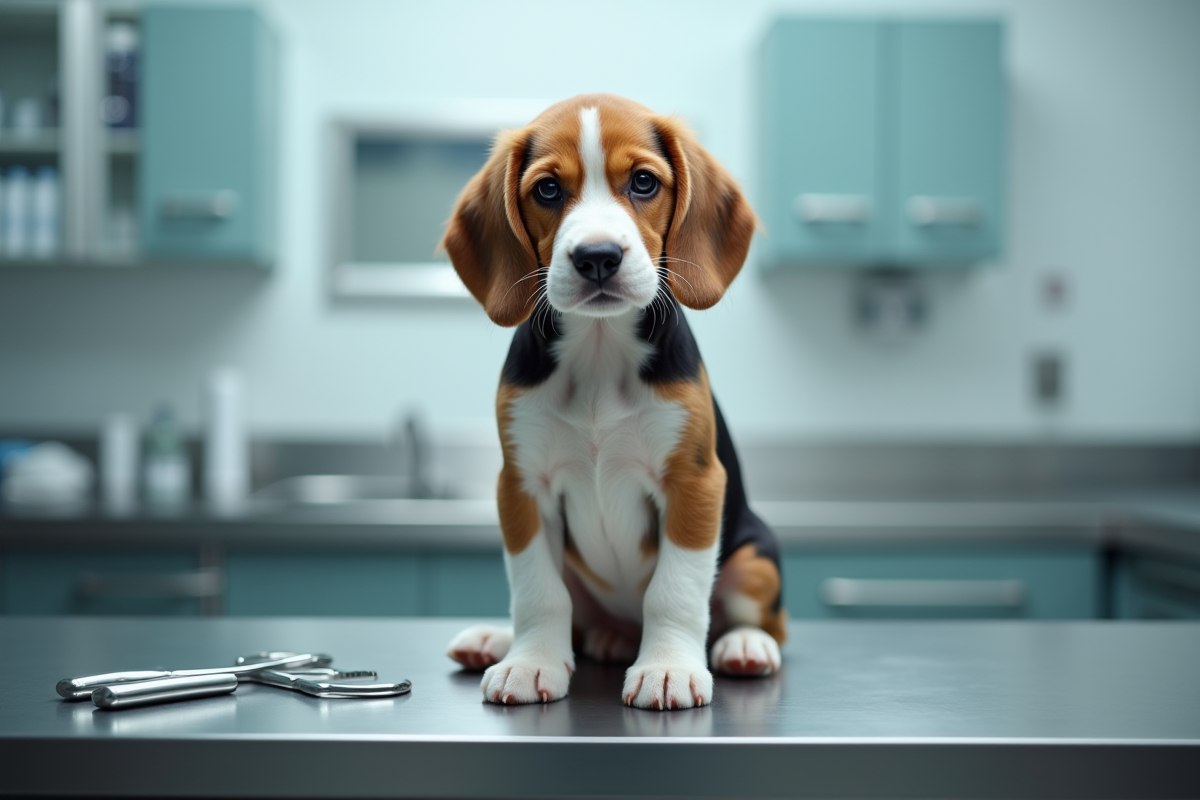 Chiot beagle assis sur une table d