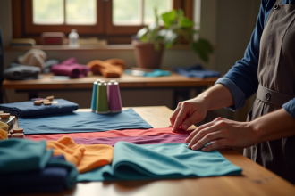 Les mains d'un tailleur comparant des échantillons de tissus colorés