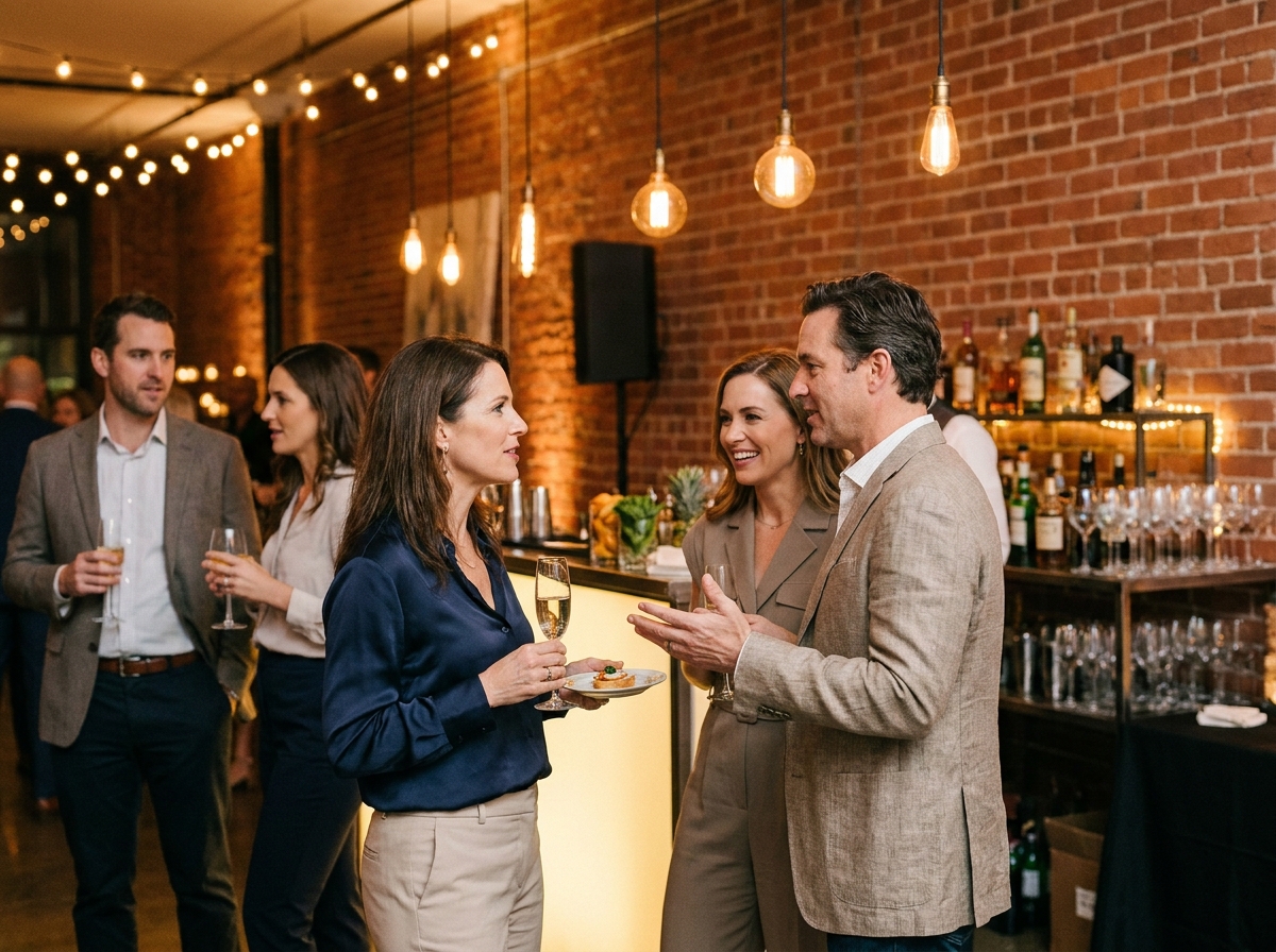 Cocktail professionnel dans un loft avec des invités en tenue décontractée tenant des flûtes de champagne et des amuse-bouches