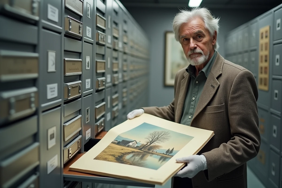 Collectionneur en gants blancs manipulant une lithographie de Jean Bille dans une salle d'archives d'art