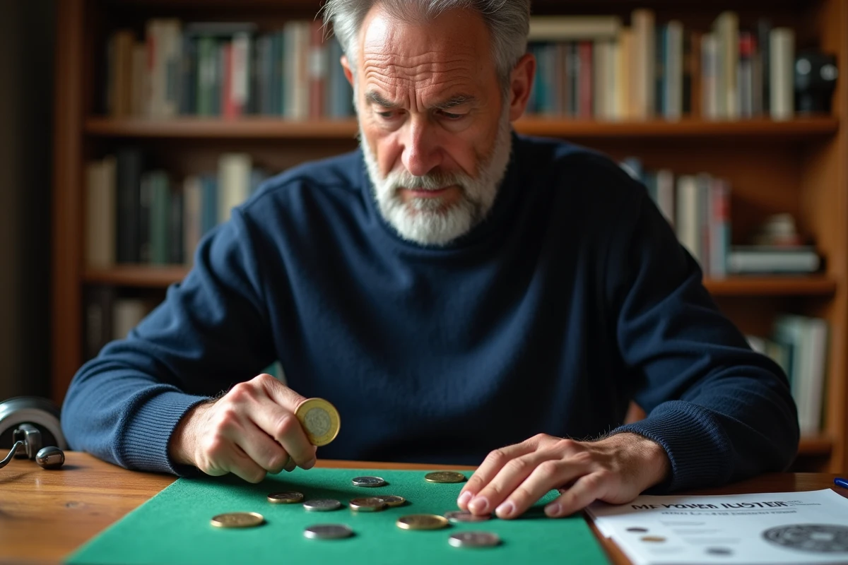 Collectionneur de monnaies examinant une pièce de 2 euros rare avec une loupe de joaillier, catalogue numismatique ouvert sur le bureau
