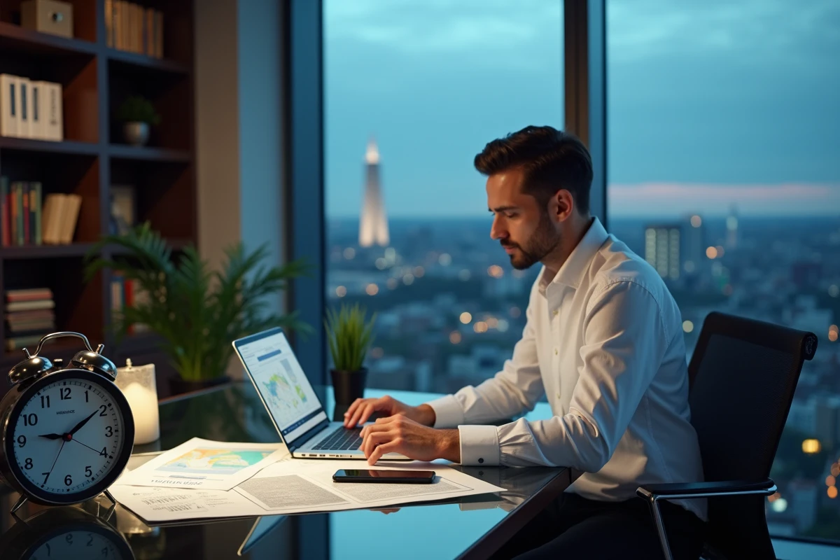 Homme en bureau comparant les fuseaux horaires de Washington et d'autres métropoles mondiales sur une carte et un ordinateur portable