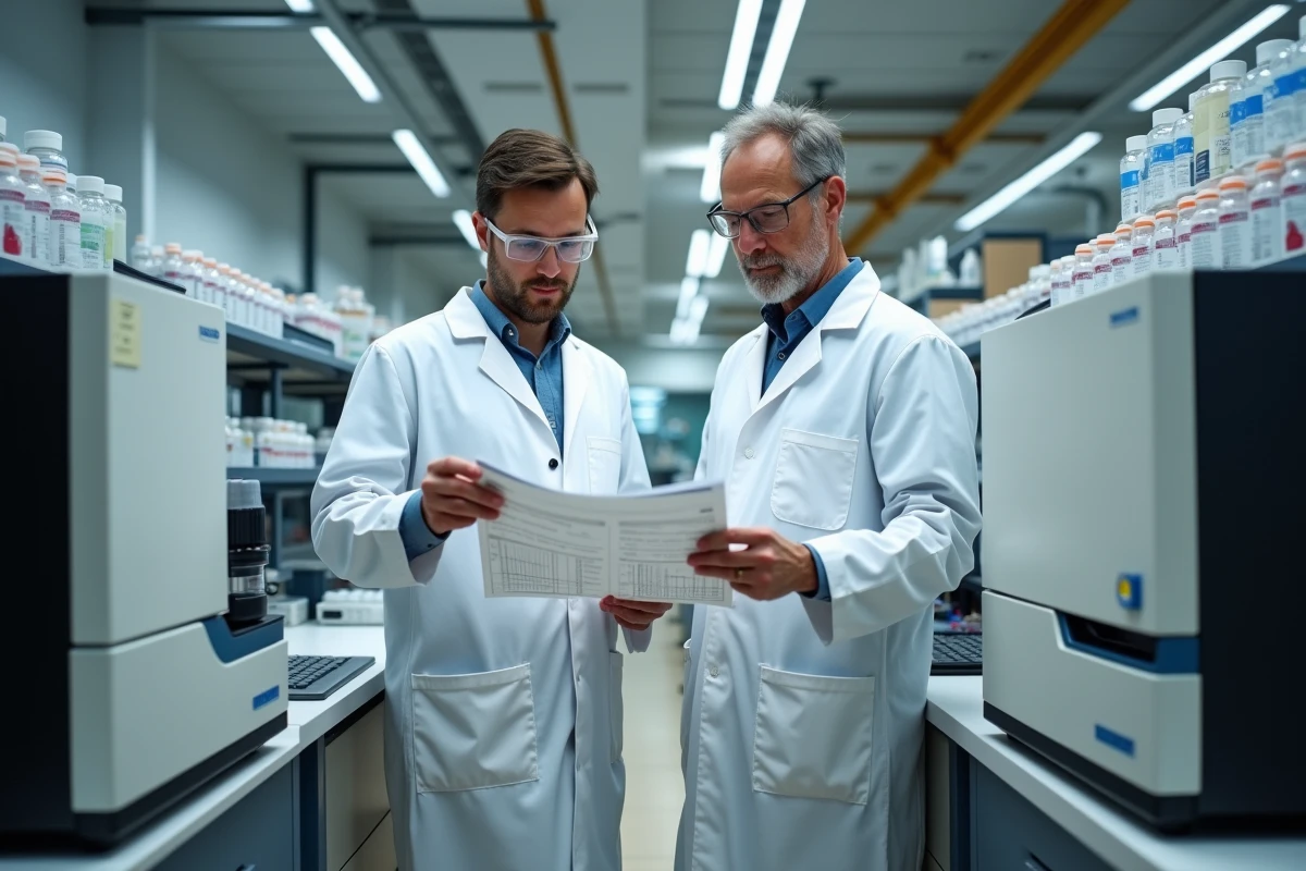 Deux scientifiques comparant les données de deux modèles de spectromètres de masse dans un laboratoire pharmaceutique