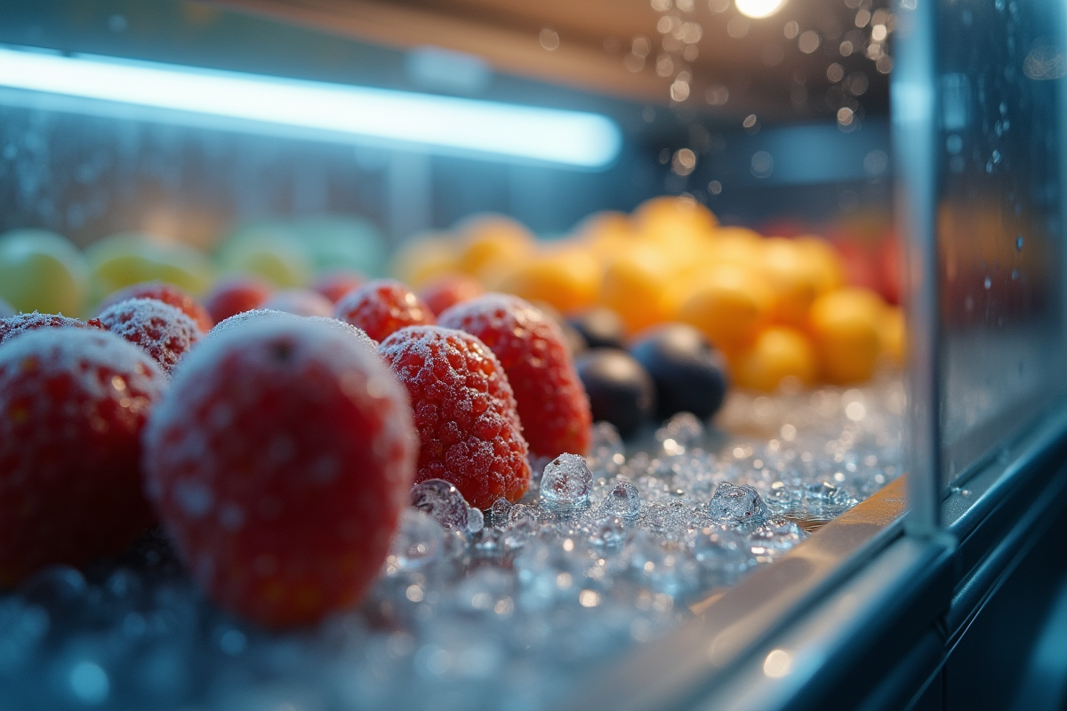 Gros plan sur aliments avec condensation dans un congélateur