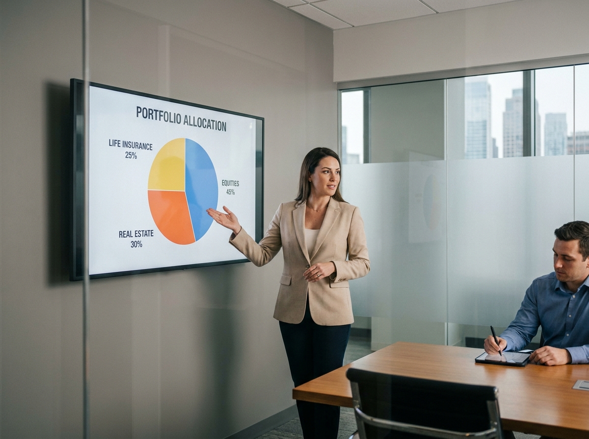 Conseillère financière présentant un graphique de répartition de portefeuille entre bourse, immobilier et assurance-vie dans une salle de réunion moderne