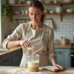 Femme utilisant un verre doseur en cuisine pour convertir des centimètres cubes en litres lors d'une recette
