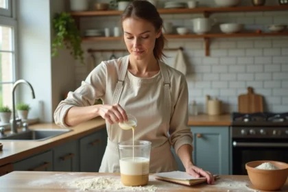 Femme utilisant un verre doseur en cuisine pour convertir des centimètres cubes en litres lors d'une recette