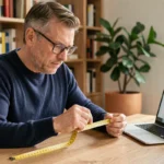 Homme utilisant un outil en ligne de conversion yards en mètres sur un ordinateur portable dans un bureau à domicile