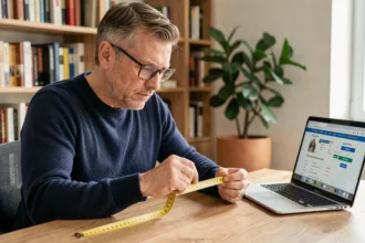 Homme utilisant un outil en ligne de conversion yards en mètres sur un ordinateur portable dans un bureau à domicile