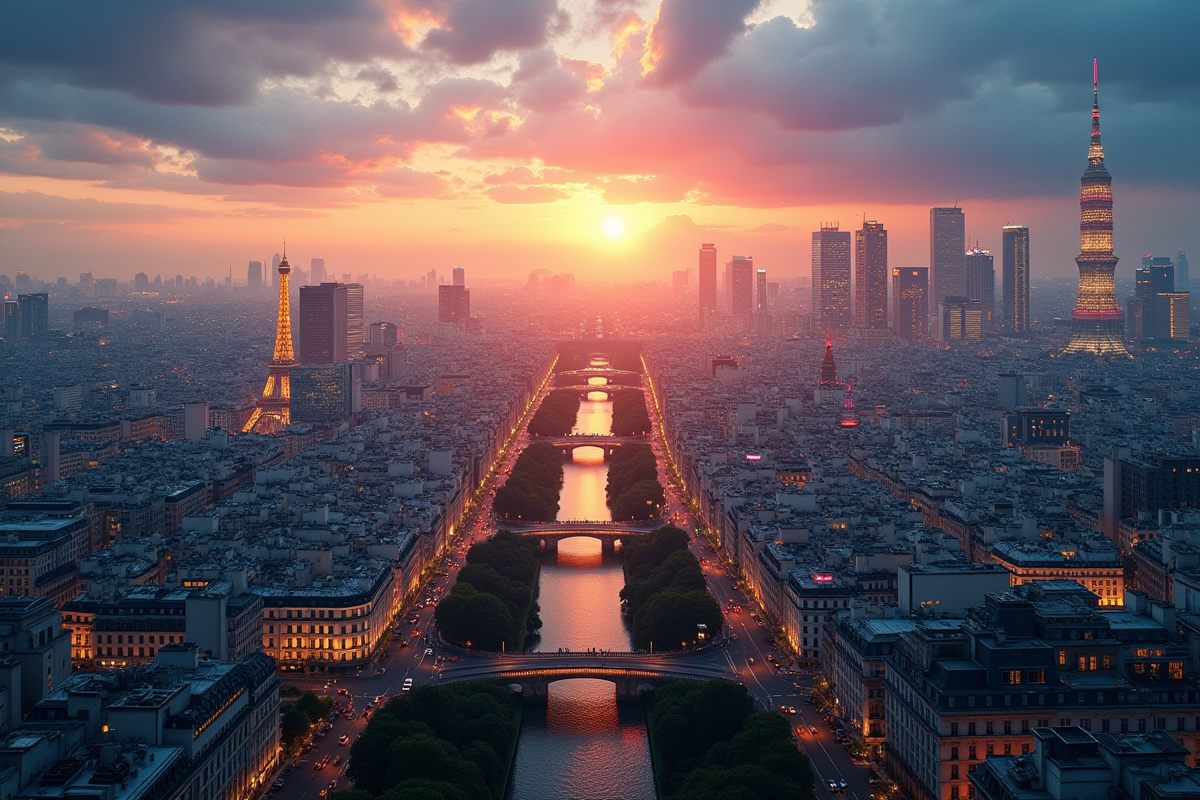 Paysage urbain de Paris et Tokyo au lever du soleil