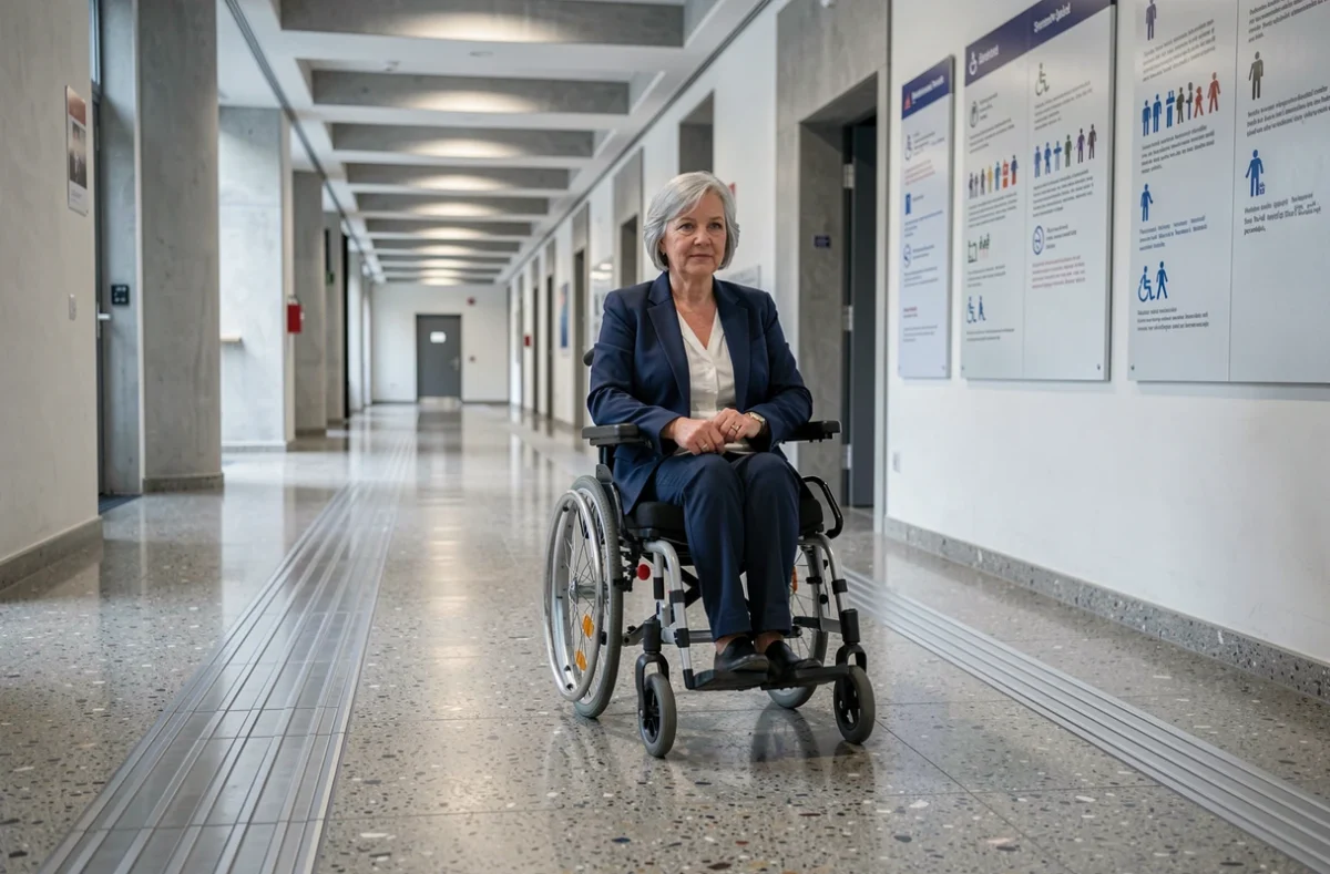 Couloir intérieur accessible du Bundestag de Berlin avec signalétique PMR et fauteuil roulant motorisé