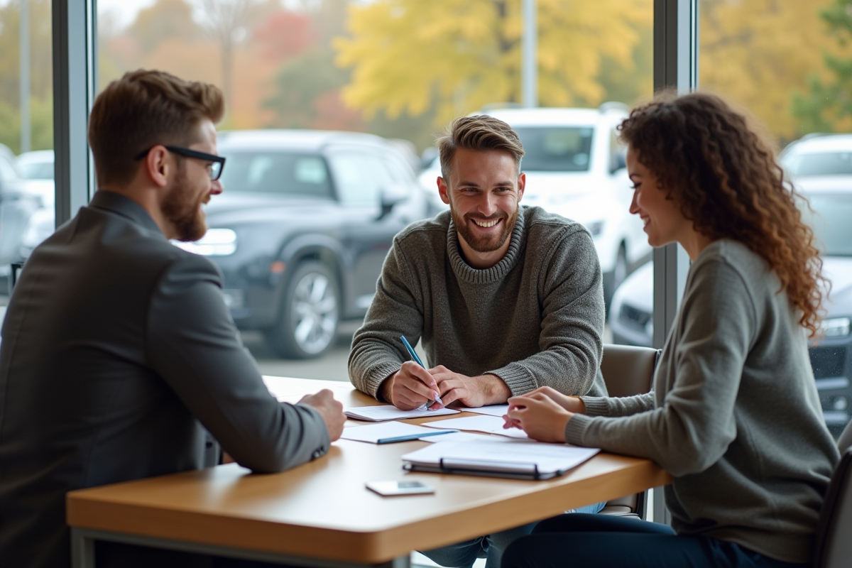 Jeune couple examinant des options de voiture en intérieur