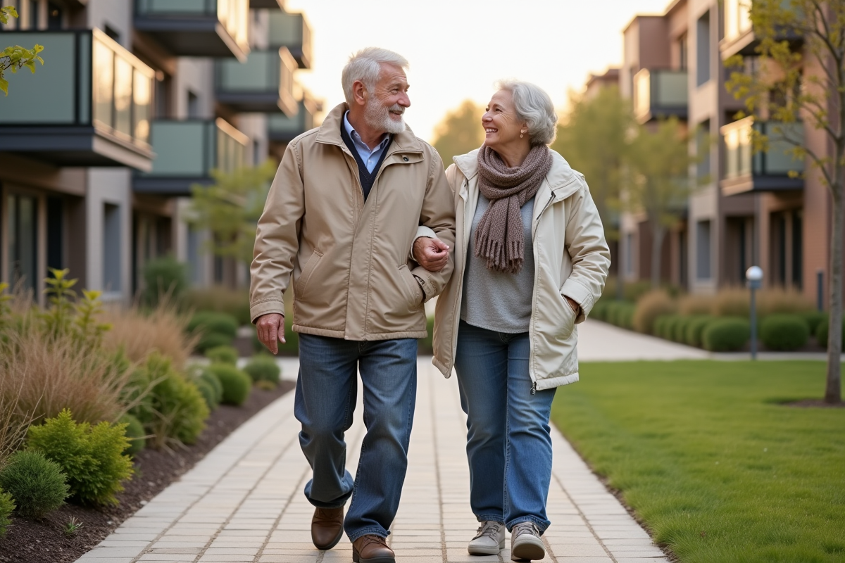Couple retraité marchant dans un jardin moderne en extérieur