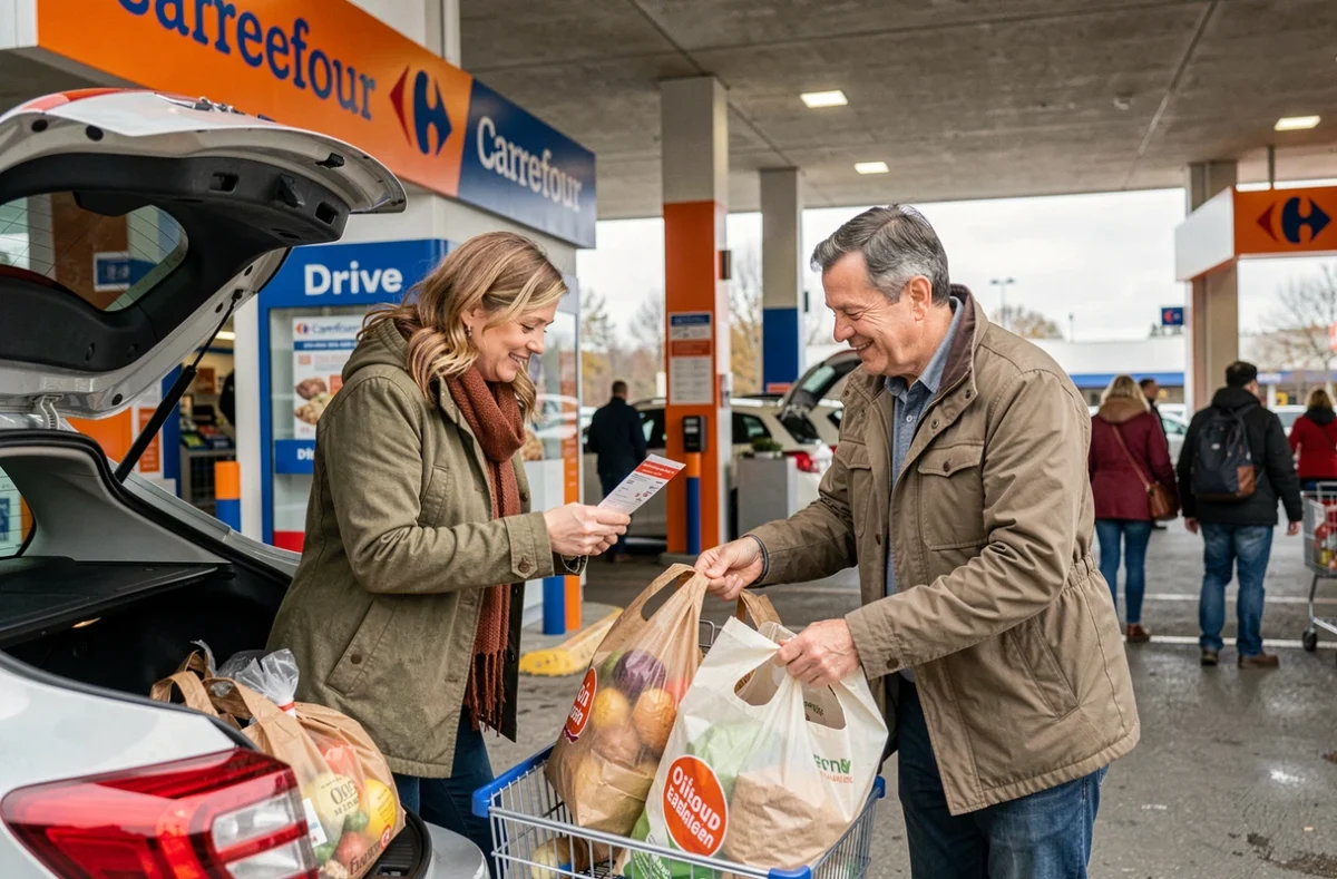 Couple chargeant leurs courses Carrefour Drive dans le coffre de leur voiture avec un bon de réduction à la main