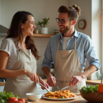 Couple marié rieur dans la cuisine lumineuse