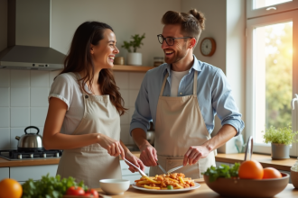 Couple marié rieur dans la cuisine lumineuse