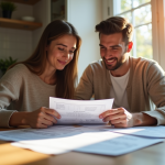 Jeune couple examinant des certificats d'énergie maison