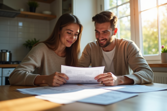 Jeune couple examinant des certificats d'énergie maison