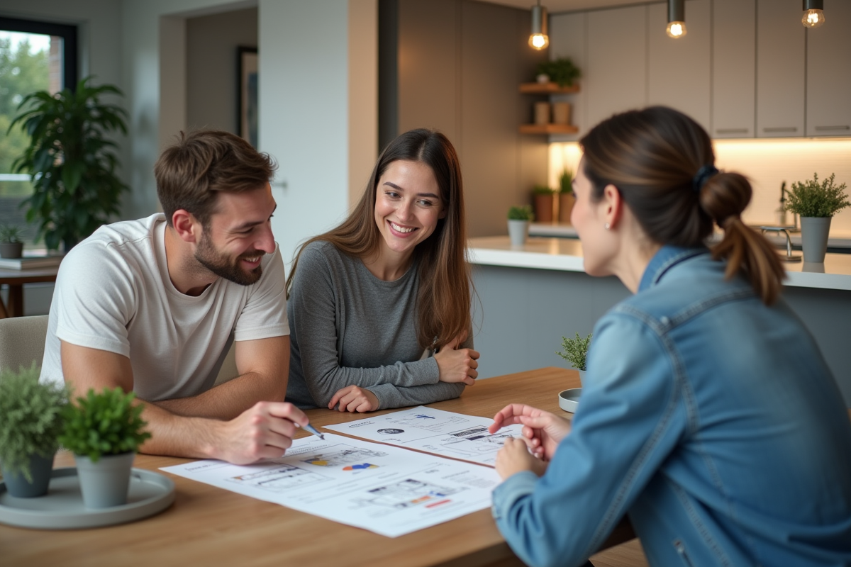 Jeune couple discutant avec un agent immobilier dans une cuisine moderne
