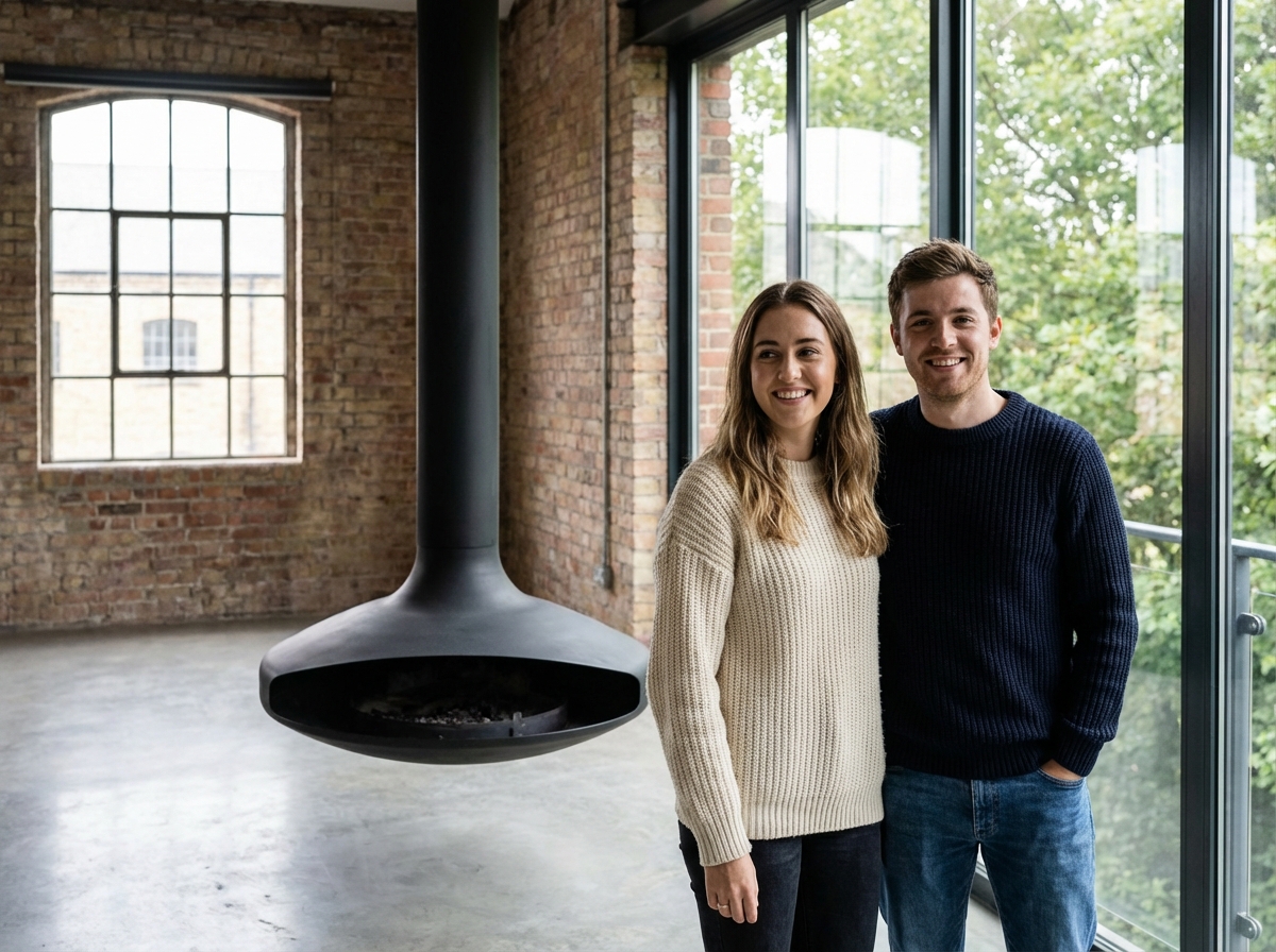Jeune couple près d’un poêle suspendu dans un loft lumineux