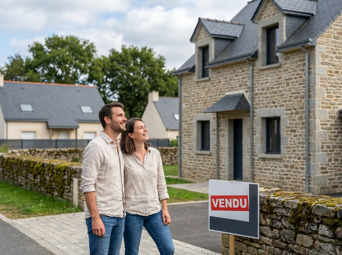 Couple de jeunes propriétaires devant leur maison individuelle dans un quartier résidentiel proche de Rennes