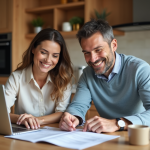Couple souriant en train de consulter un contrat de mortgage