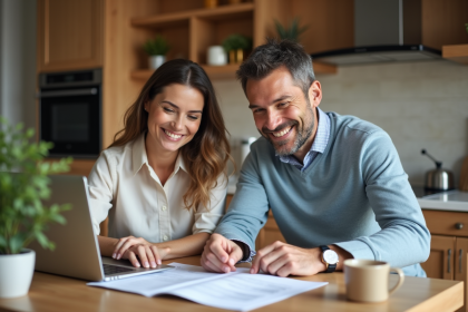 Couple souriant en train de consulter un contrat de mortgage