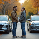 Jeune couple avec voitures hybrides en rue automnale
