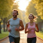 Homme et femme courant dans un parc avec écouteurs Bluetooth sport