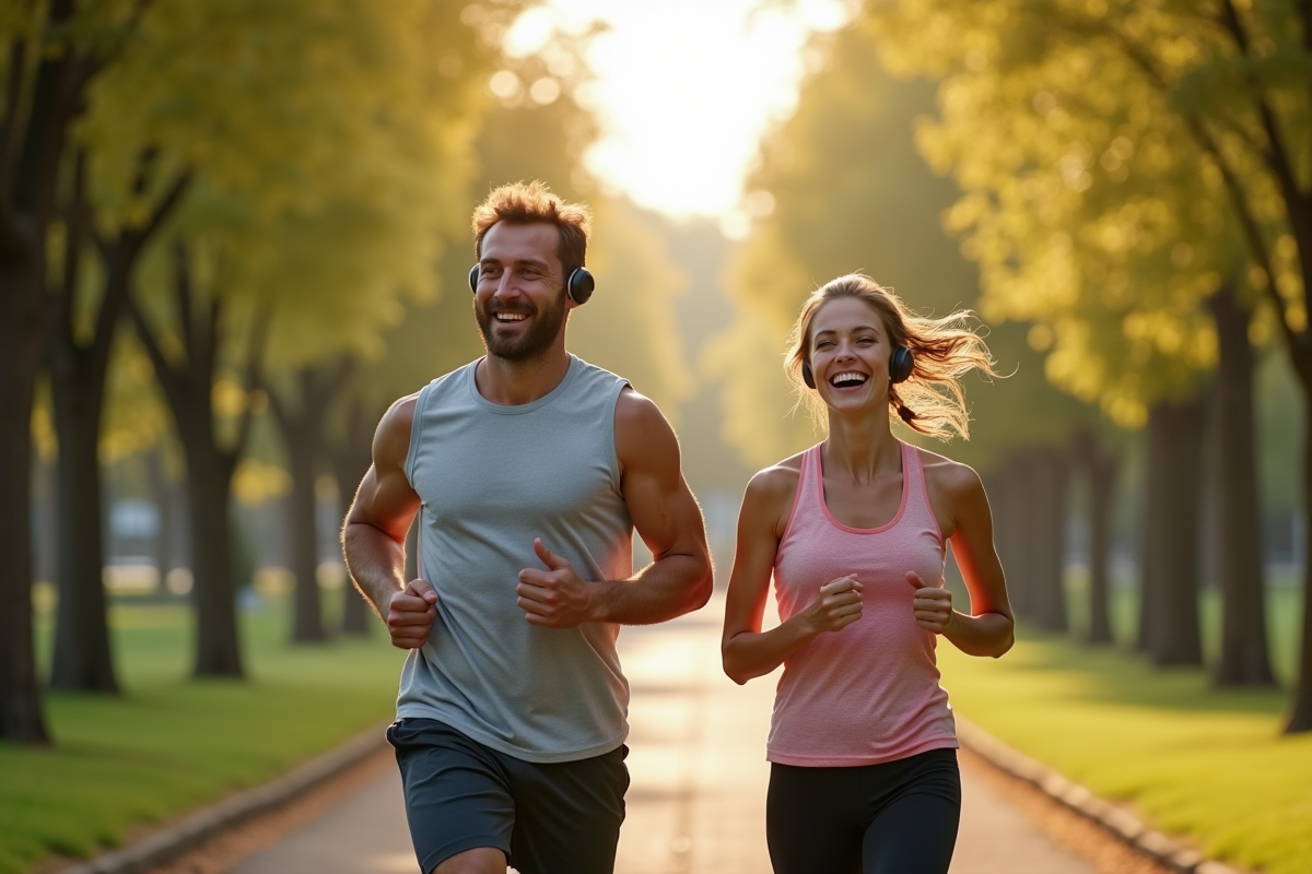 Homme et femme courant dans un parc avec écouteurs Bluetooth sport