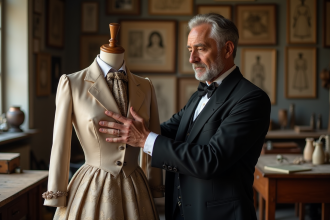 Couturier du XIXe siècle inspectant un mannequin dans son atelier