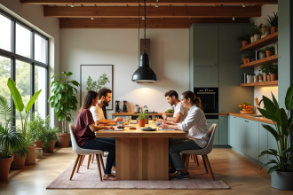 Cuisine partagée moderne dans un espace coliving lumineux