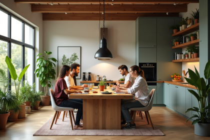 Cuisine partagée moderne dans un espace coliving lumineux