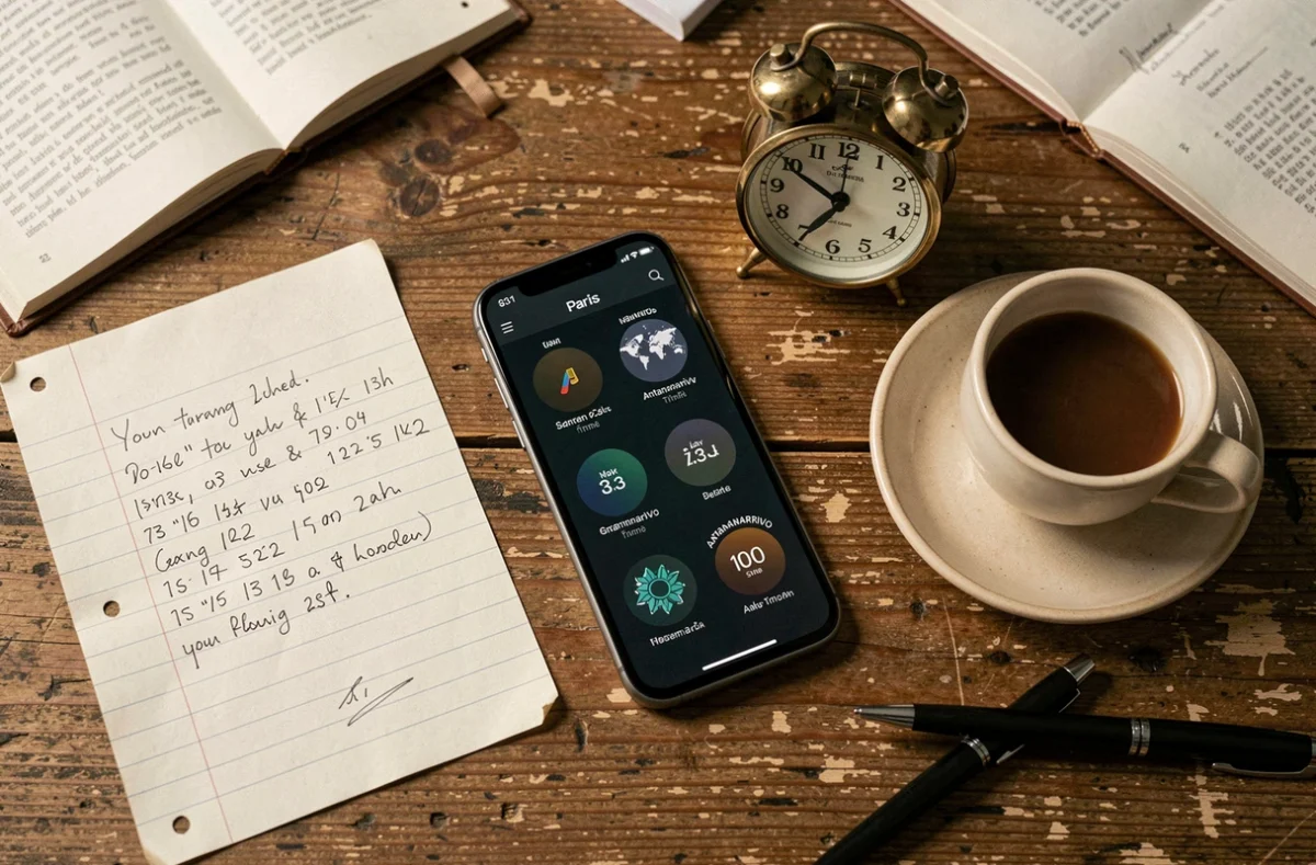 Flatlay d'un bureau avec smartphone affichant les fuseaux horaires de Paris et Antananarivo pour planifier un appel familial
