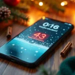 Smartphone avec fond d'écran de Noël et widget décompte 47 jours avant Noël 2026 sur un bureau en bois rustique