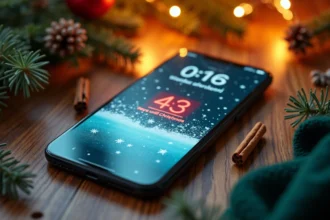 Smartphone avec fond d'écran de Noël et widget décompte 47 jours avant Noël 2026 sur un bureau en bois rustique