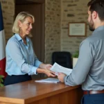 Femme effectuant une démarche administrative au guichet d'une mairie de village en France