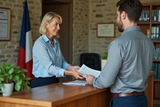 Femme effectuant une démarche administrative au guichet d'une mairie de village en France