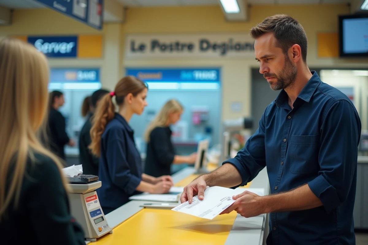 Homme déposant une lettre recommandée au bureau de poste dans le cadre d'un litige commercial