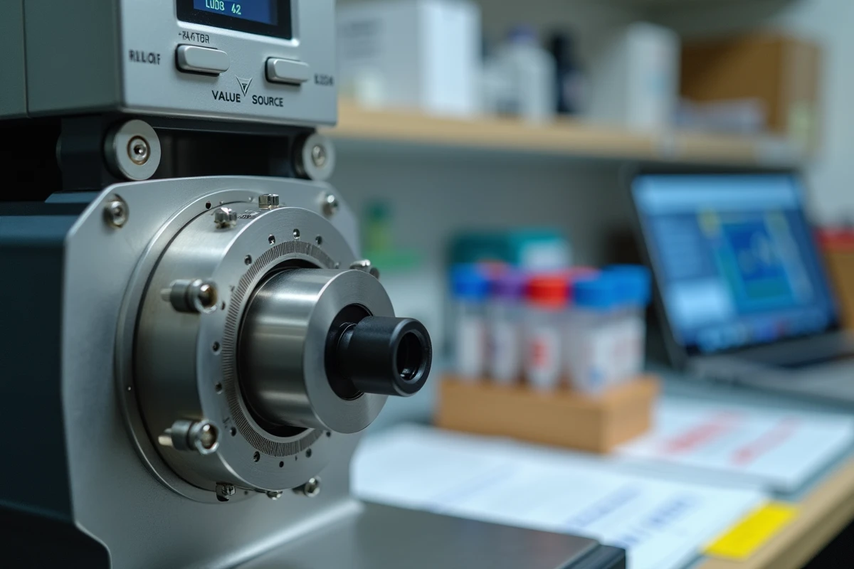 Gros plan sur le port d'injection et la chambre ionique d'un spectromètre de masse dans un laboratoire universitaire