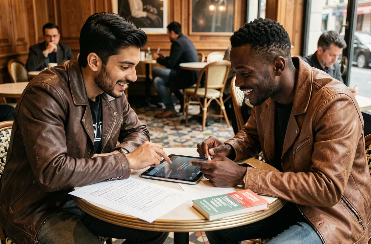 Deux traducteurs discutant d'équivalents français de termes rap dans un café parisien avec des transcriptions de paroles sur la table