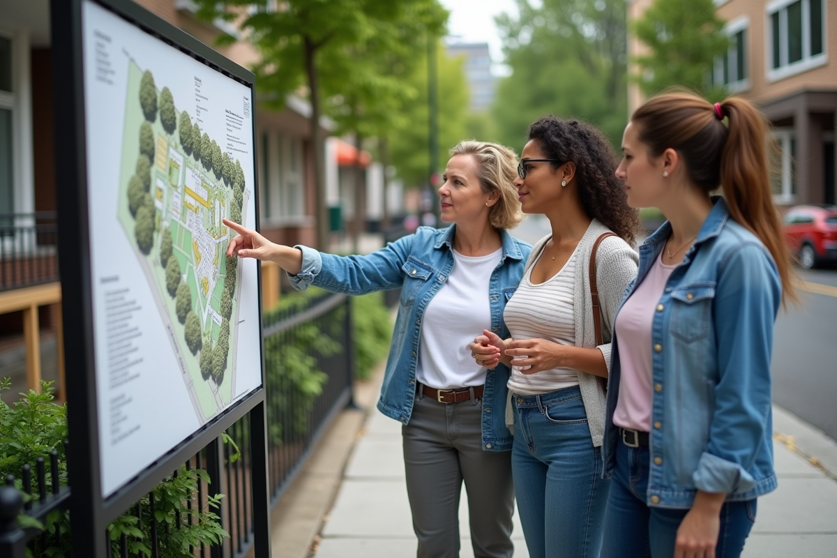 Groupe de personnes discutant devant un panneau de zonage urbain
