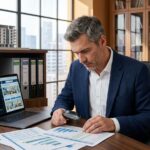 Homme en blazer analysant des graphiques boursiers et des listes immobilières sur un bureau moderne, symbolisant la diversification de placements financiers